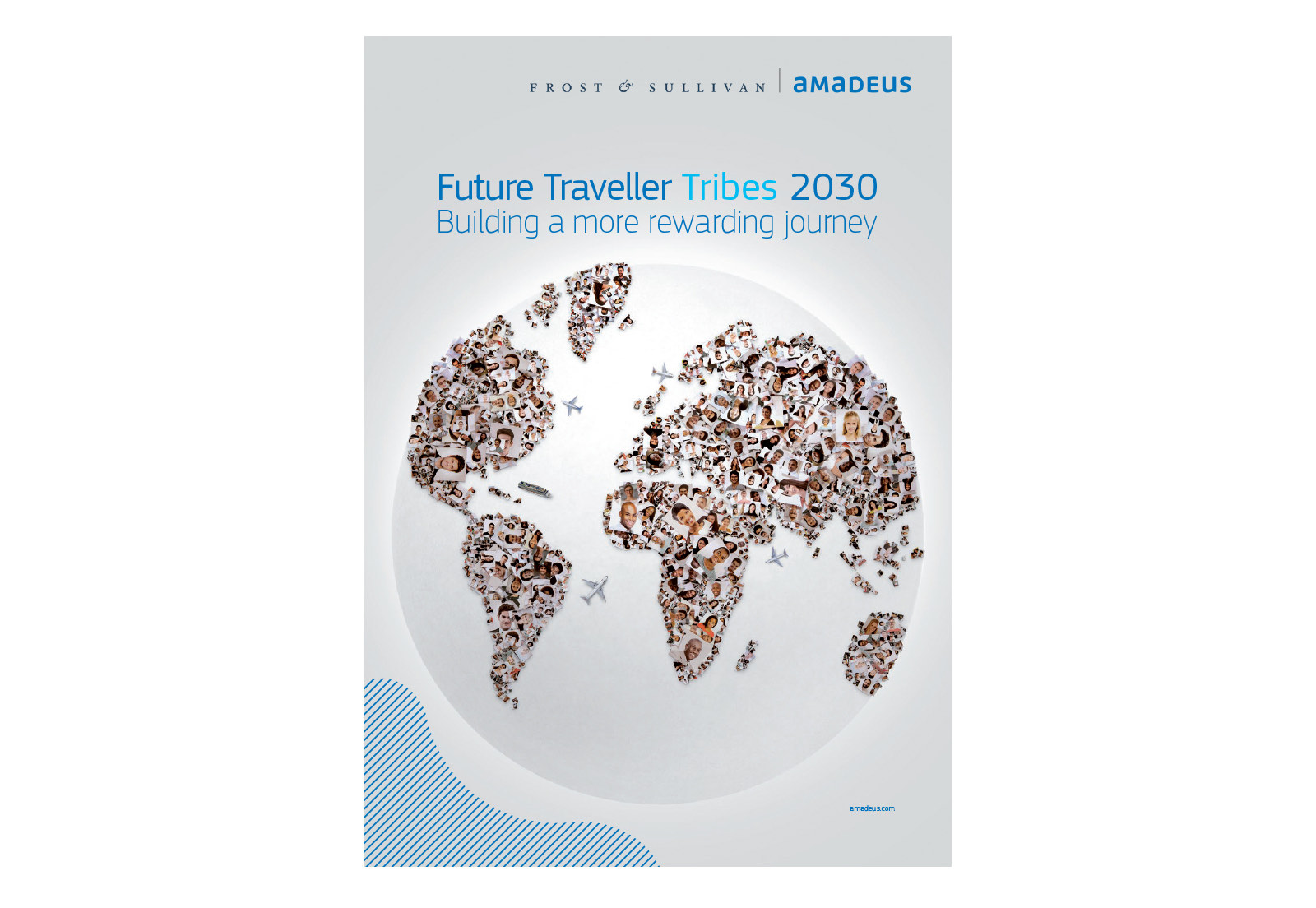 The Future Traveller Tribes 2030 cover, a globe built from hundreds of small photographs of faces, under the Frost and Sullivan and Amadeus lockup.