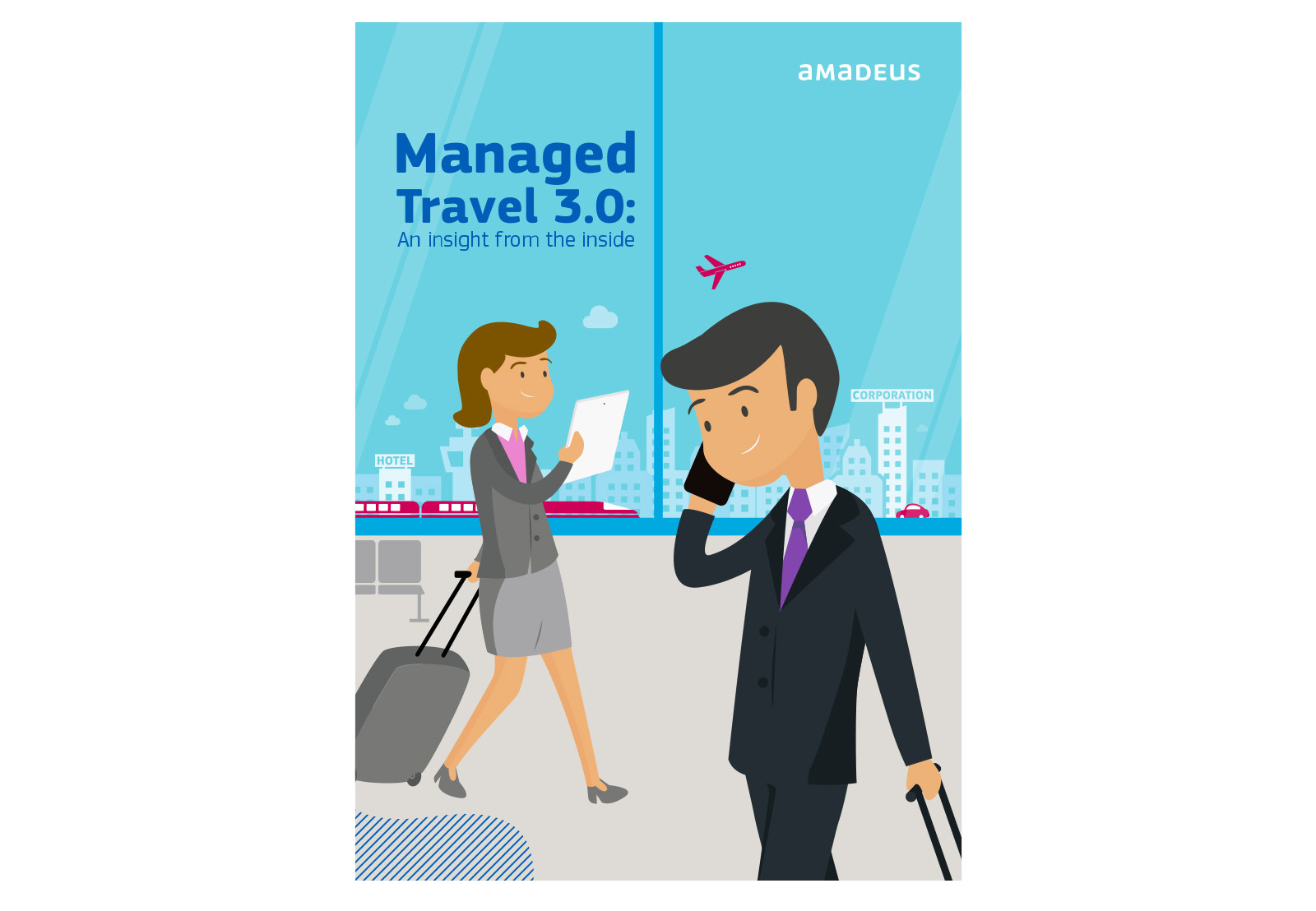 The Managed Travel 3.0 cover, two illustrated business travellers in an airport terminal with a city skyline behind the glass, under the title An insight from the inside.