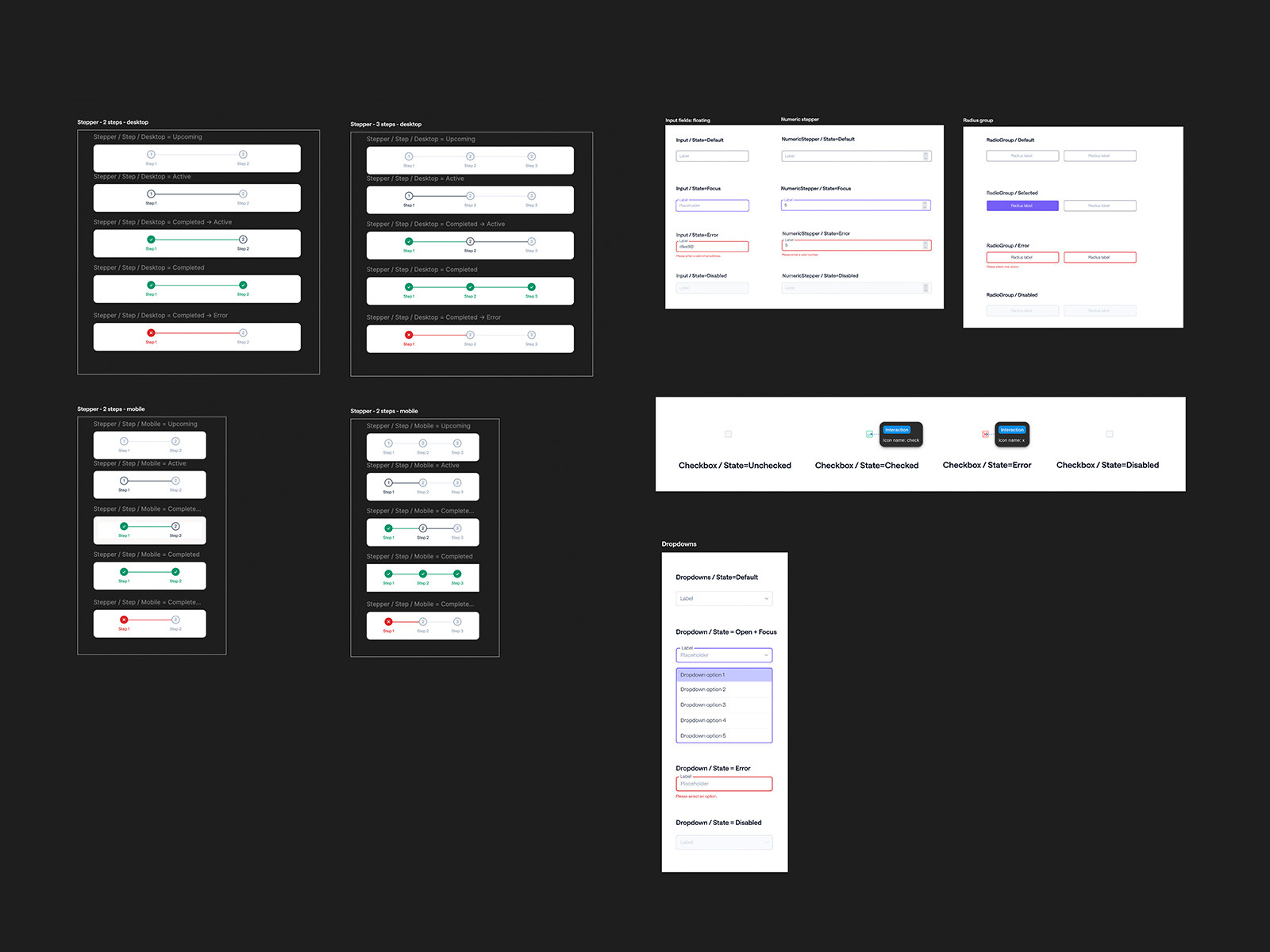 Component primitives rendered in dark mode, showing paired form fields, buttons, selection controls, tables and cards on a near black ground.