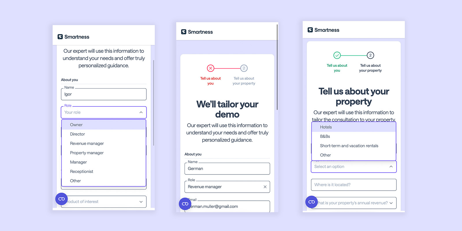 Three mobile views of the demo booking form, a role dropdown open over the field, a step one error state with a red cross in the progress indicator, and step two with the accommodation type dropdown open.