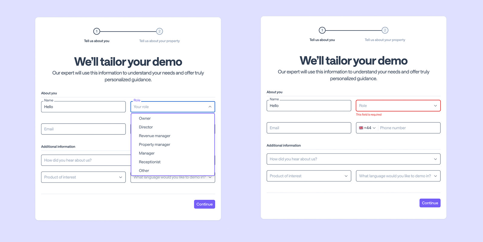The same form in two interaction states, one with the role dropdown open listing owner, director, revenue manager, property manager, manager, receptionist and other, and one showing the role field in a red error state reading this field is required.