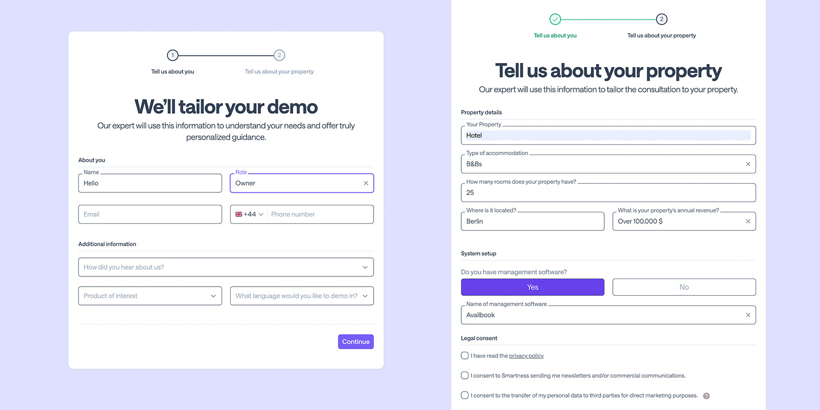 The demo booking form in two states, step one capturing name, role, email and phone with a two step progress indicator, and step two capturing property type, accommodation, room count, location, revenue, existing management software and the legal consents.