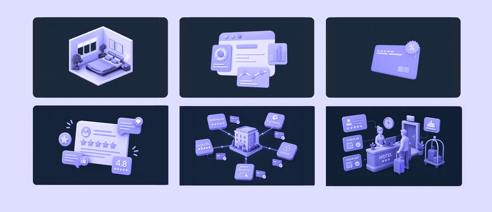 Six isometric lilac illustrations on a dark navy ground, covering a building, a document, a card, connected nodes, charts and a cluster of people.