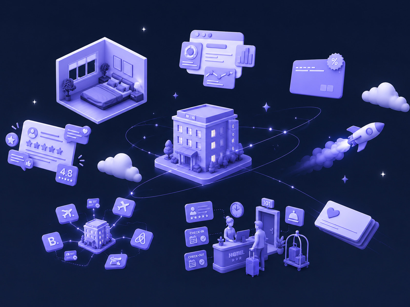 The soft 3D illustration system, a cluster of isometric lilac objects including buildings, a calendar, charts, cubes and connectors, floating on a pale background.