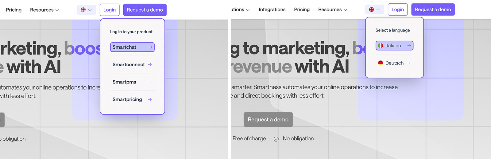 Two smaller navigation dropdowns, one listing product logins and one offering Italian and German language options with flags.