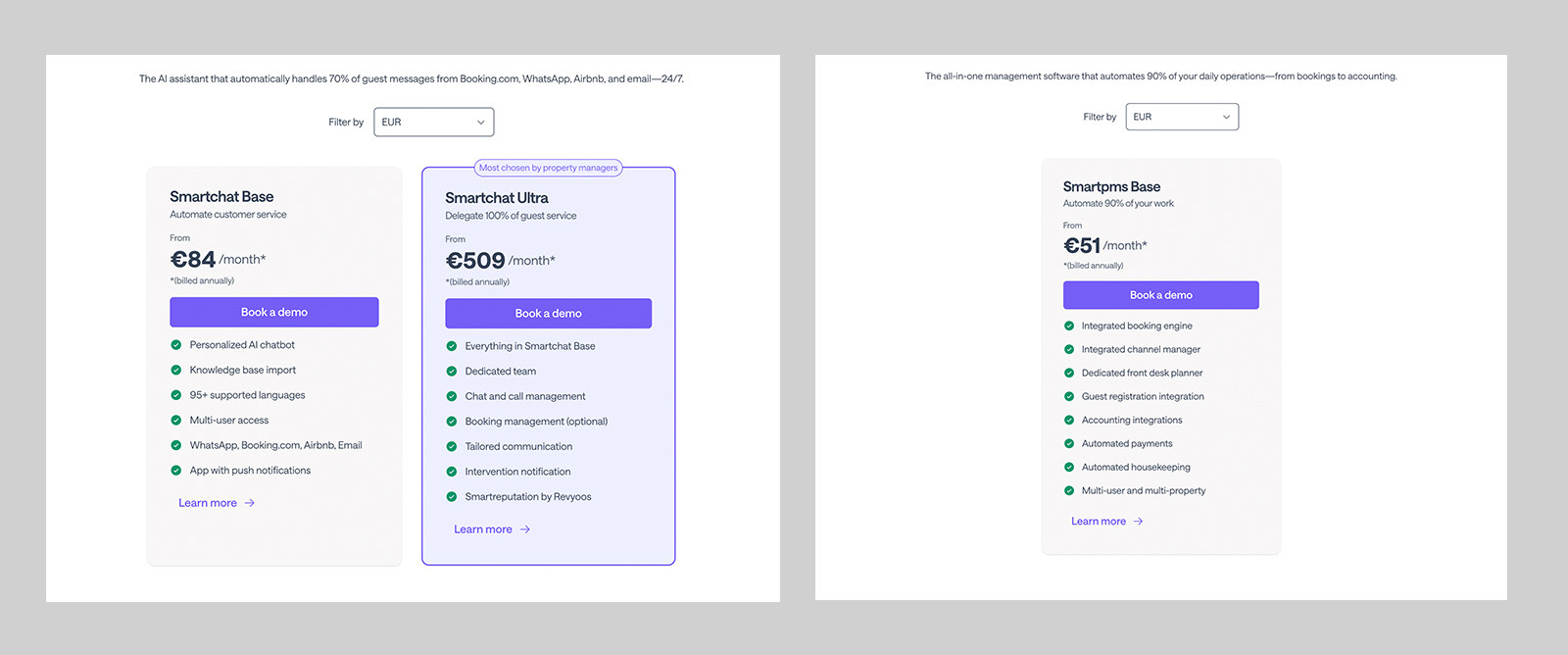 Two pricing panels, one comparing Smartchat Base and Smartchat Ultra with a most chosen by property managers label, the other showing a single Smartpms Base plan, each with a currency filter and a feature list.