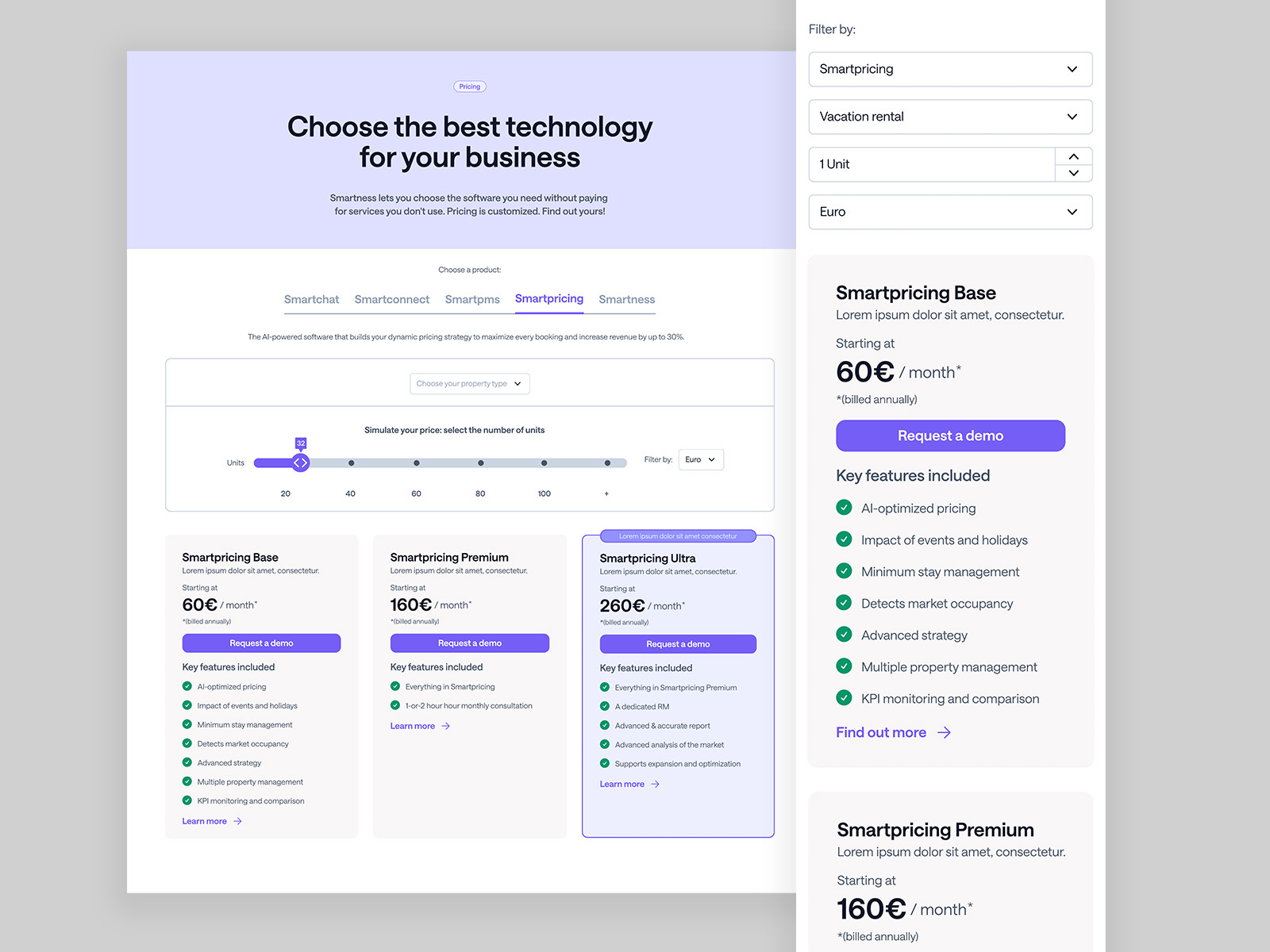The pricing page on desktop with a product tab bar, a unit slider and three plan cards for Smartpricing Base, Premium and Ultra, beside the mobile view where the same filters stack and the plans become full width cards.