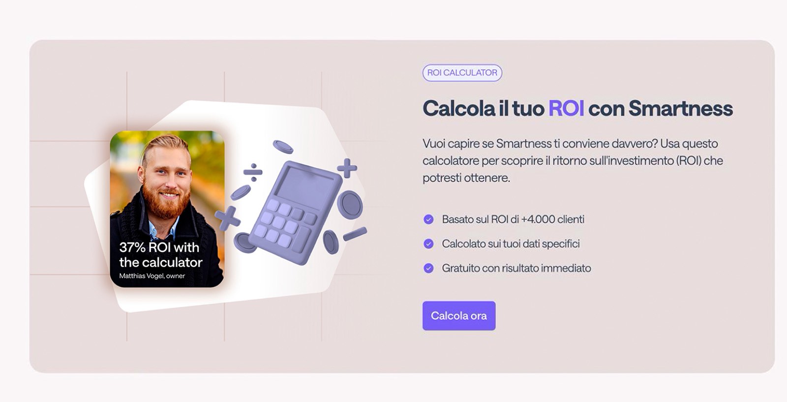A second version of the same ROI calculator module, with a different 3D scene built from a donut chart, a rising graph, coins and a target, and a different hotel director showing plus 42 per cent ROI.