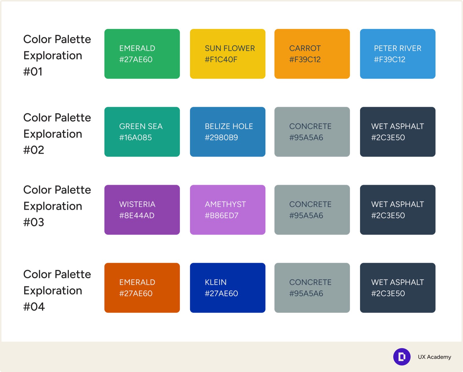 Four colour palette explorations for Designlab, each a row of four named swatches with hex values, running through greens and yellows, teals and blues, purples, and an orange with deep blue.