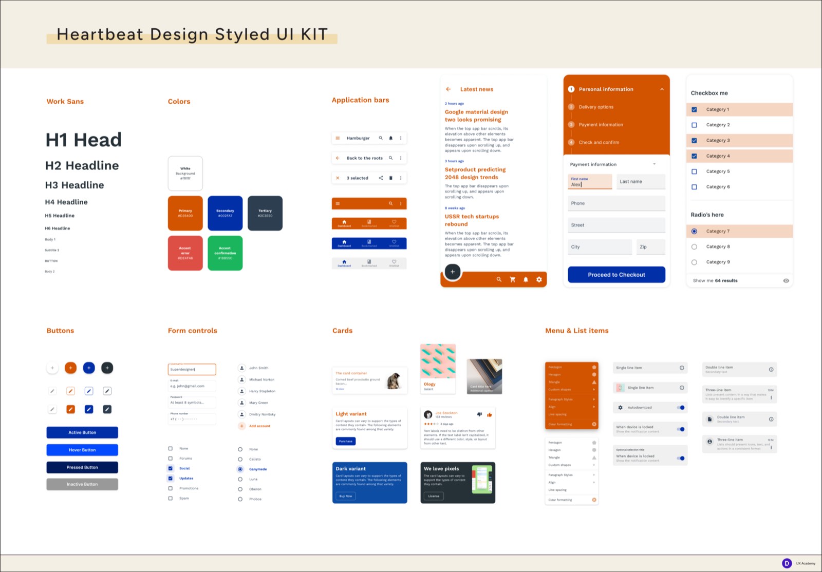 The Heartbeat Design styled UI kit, showing the Work Sans type scale, primary, secondary and accent colours, application bars, buttons, form controls, cards and list items.