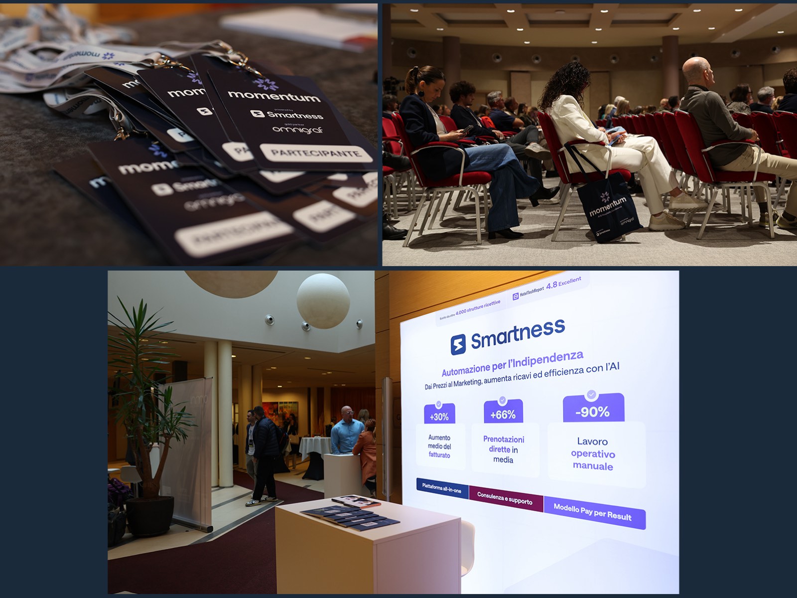 Three photographs from the Momentum event: a pile of attendee badges on branded lanyards, a seated audience with a Momentum tote bag on the floor, and a stand with a presentation screen showing Smartness performance figures.