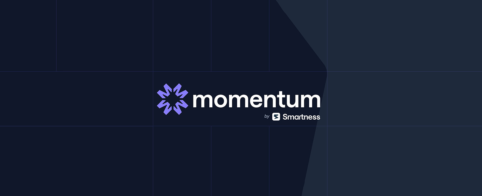 The Momentum logo centred on a deep navy grid, the purple radial mark beside a white lowercase wordmark with by Smartness beneath it.