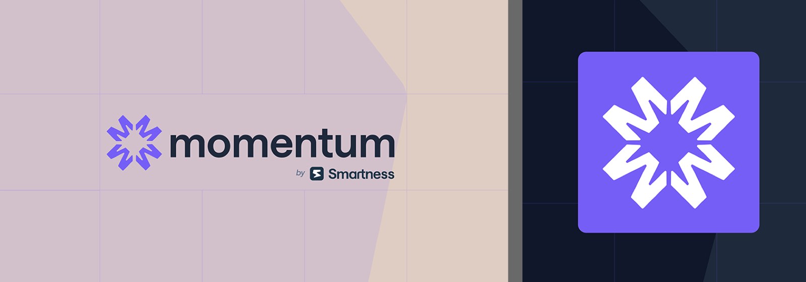 The Momentum logo in two treatments side by side: the purple radial mark with a dark wordmark and the by Smartness endorsement on a pale pink grid, and the mark reversed in white inside a purple rounded square on near black.