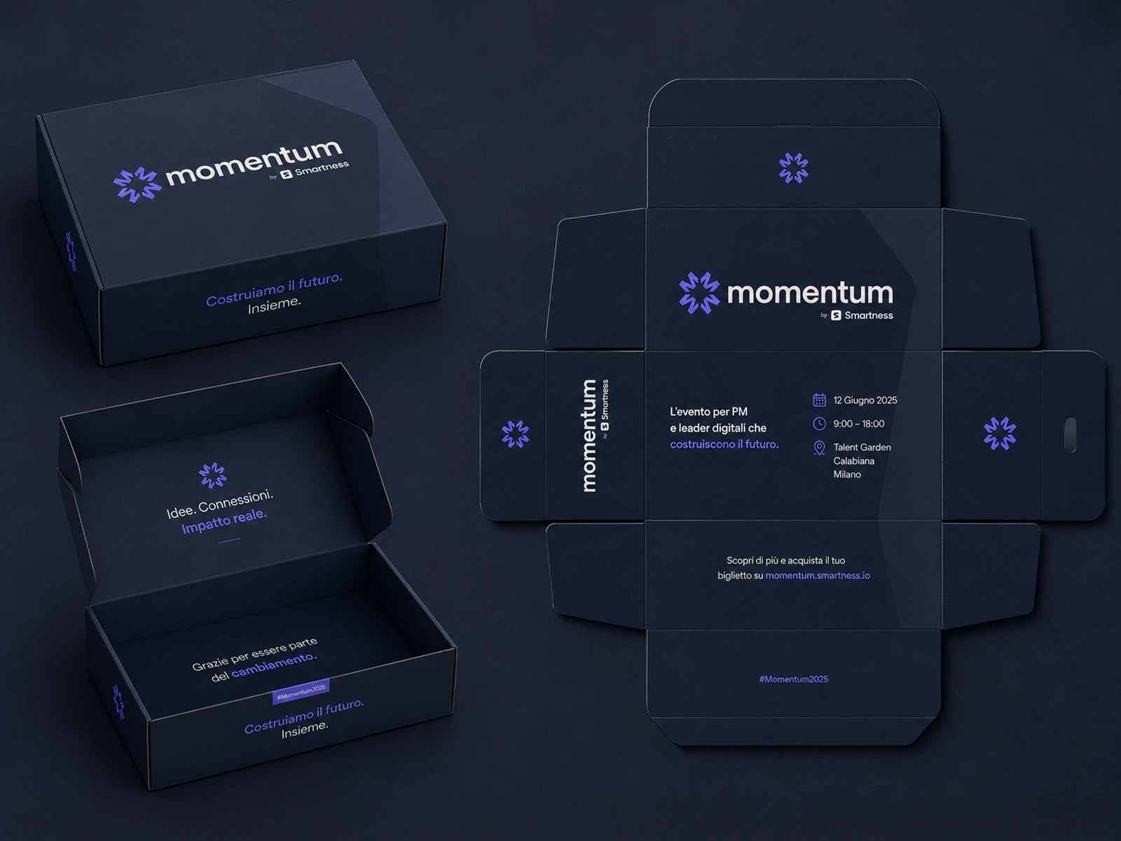 The Momentum gift box shown closed, open and as a flat dieline, printed in navy with purple marks and Italian lines about building the future together and being part of the change.