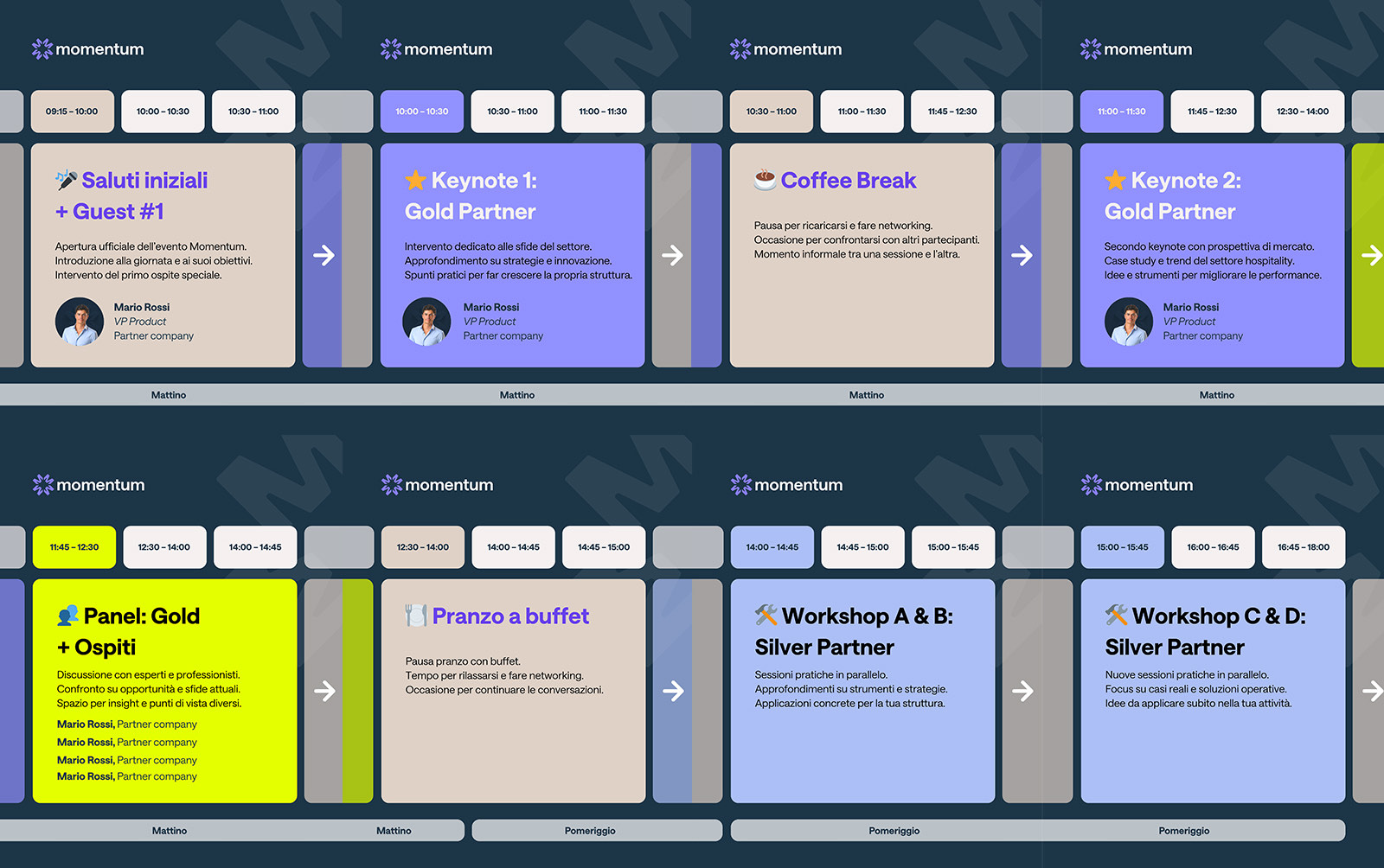 Eight Momentum schedule cards in Italian, each with a time slot, a session title, a short description and a speaker, colour coded across purple, sand, lime and pale blue for keynotes, breaks, panels and workshops.