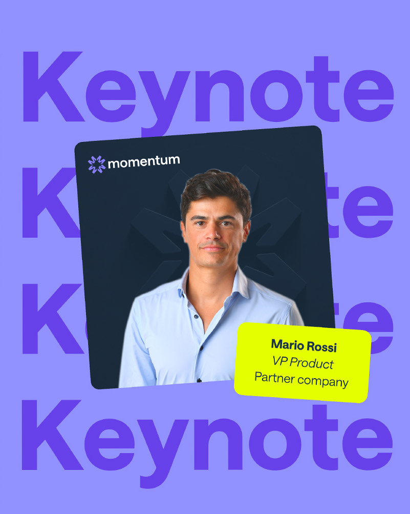 A Momentum social graphic in portrait, the word Keynote repeated as a lilac background pattern behind a dark speaker card with a photograph and a lime name tag reading Mario Rossi, VP Product.