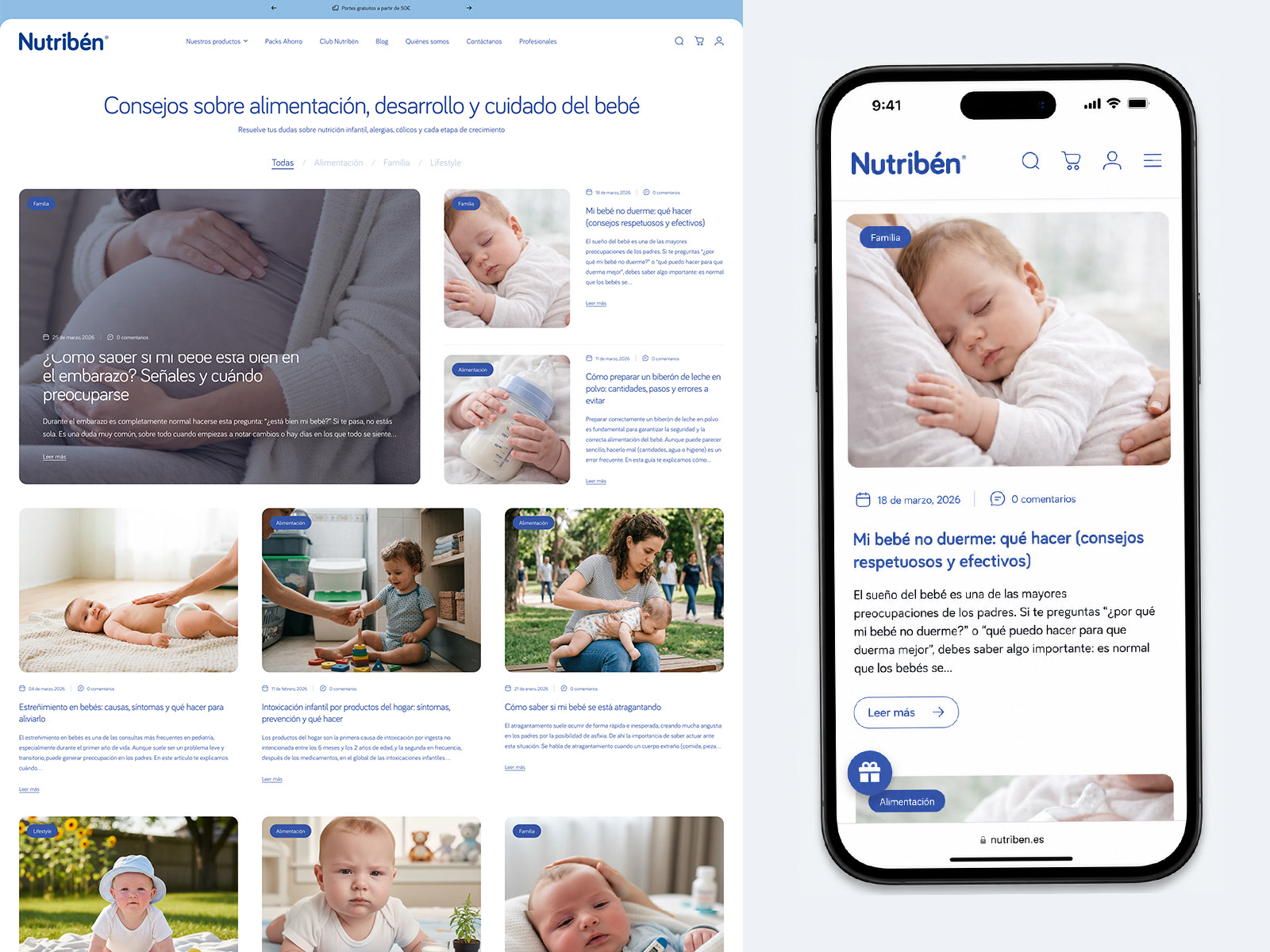 The Nutribén blog on desktop and mobile, with category filters and article cards covering pregnancy, infant sleep, bottle preparation and weaning.