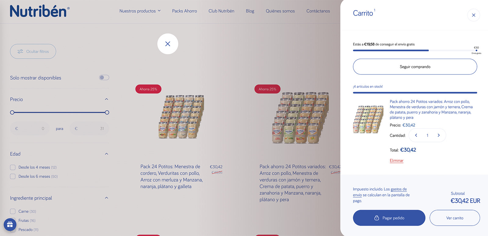 The Nutribén slide out basket over a dimmed listing page, showing progress towards free shipping, a stock indicator, quantity controls, the subtotal and the checkout button.