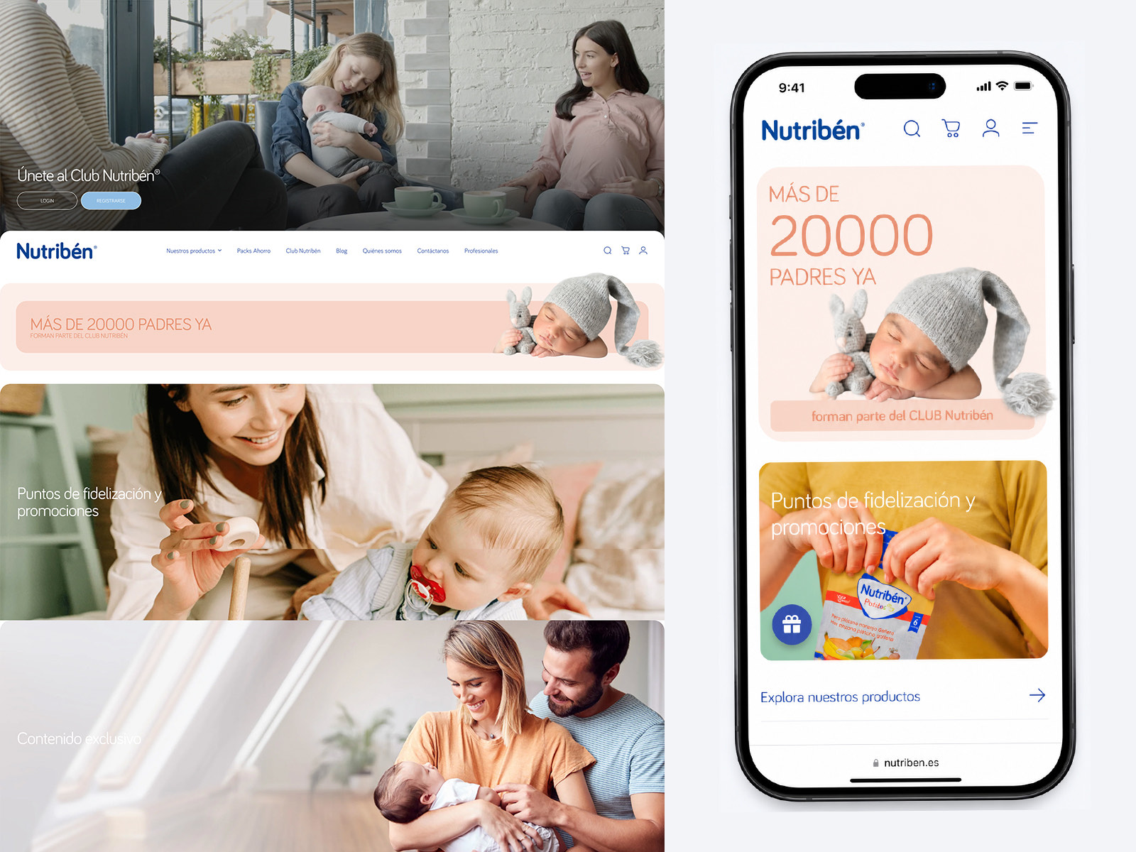 The Club Nutribén pages on desktop and mobile, with a join prompt, a banner reading more than 20,000 parents are already members, loyalty points and promotions, and exclusive content sections.