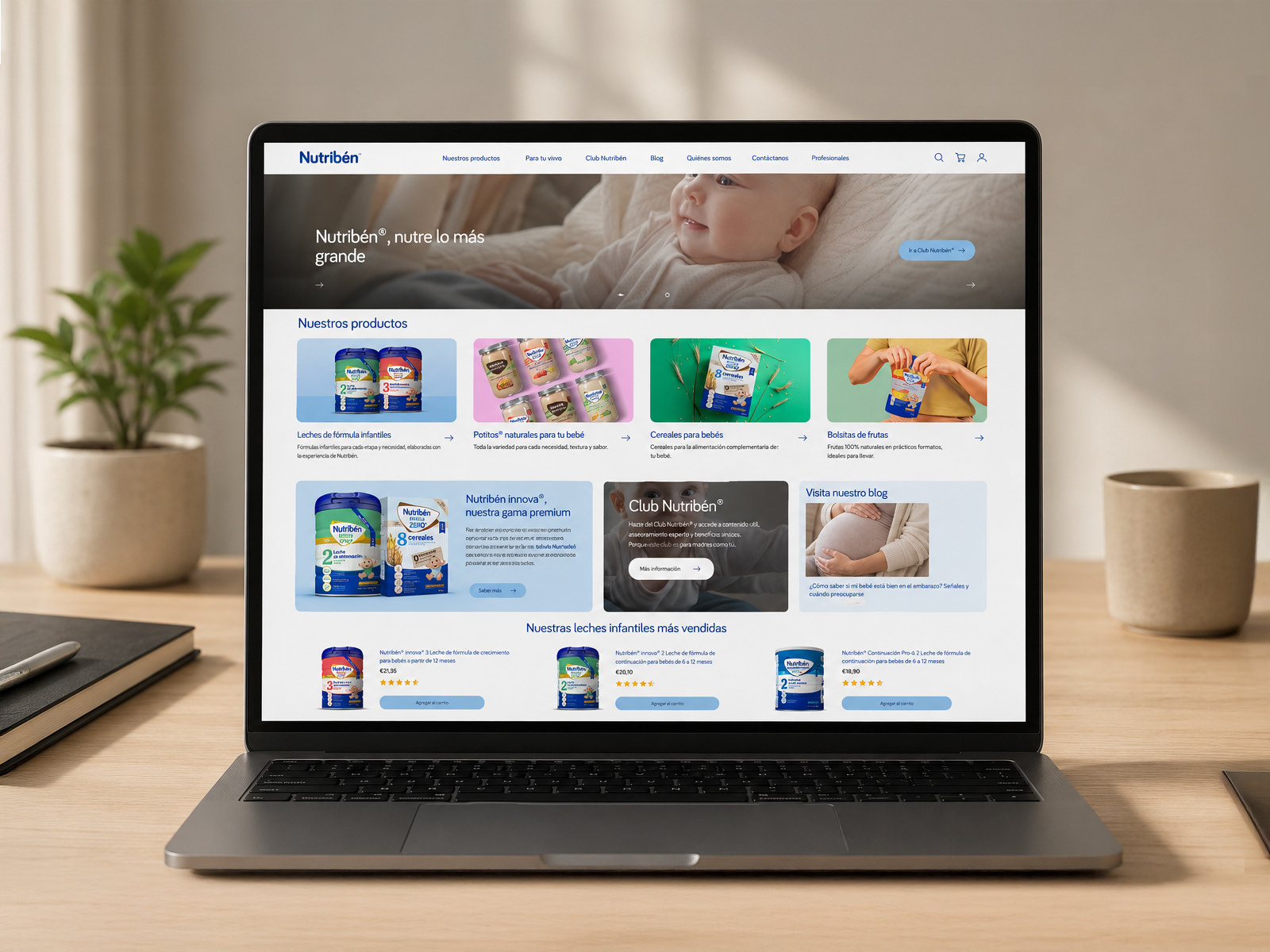 The redesigned Nutribén homepage open on a laptop, showing the hero, four product categories, the innova premium range, the Club Nutribén panel and a row of best selling formulas.