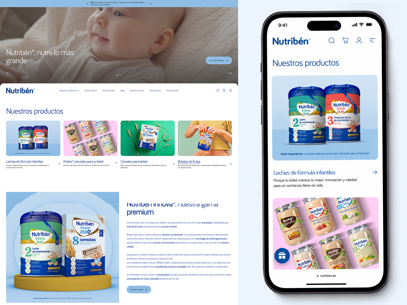 The Nutribén homepage on desktop and mobile, showing the hero, four product categories with photography, the innova premium range section, and the mobile view of the same product grid.