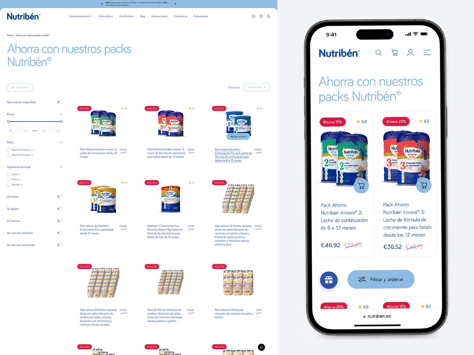 The Nutribén savings packs listing page on desktop and mobile, with filters for price, age, main ingredient and dietary exclusions down the left, and product cards showing discount badges, ratings and crossed out prices.