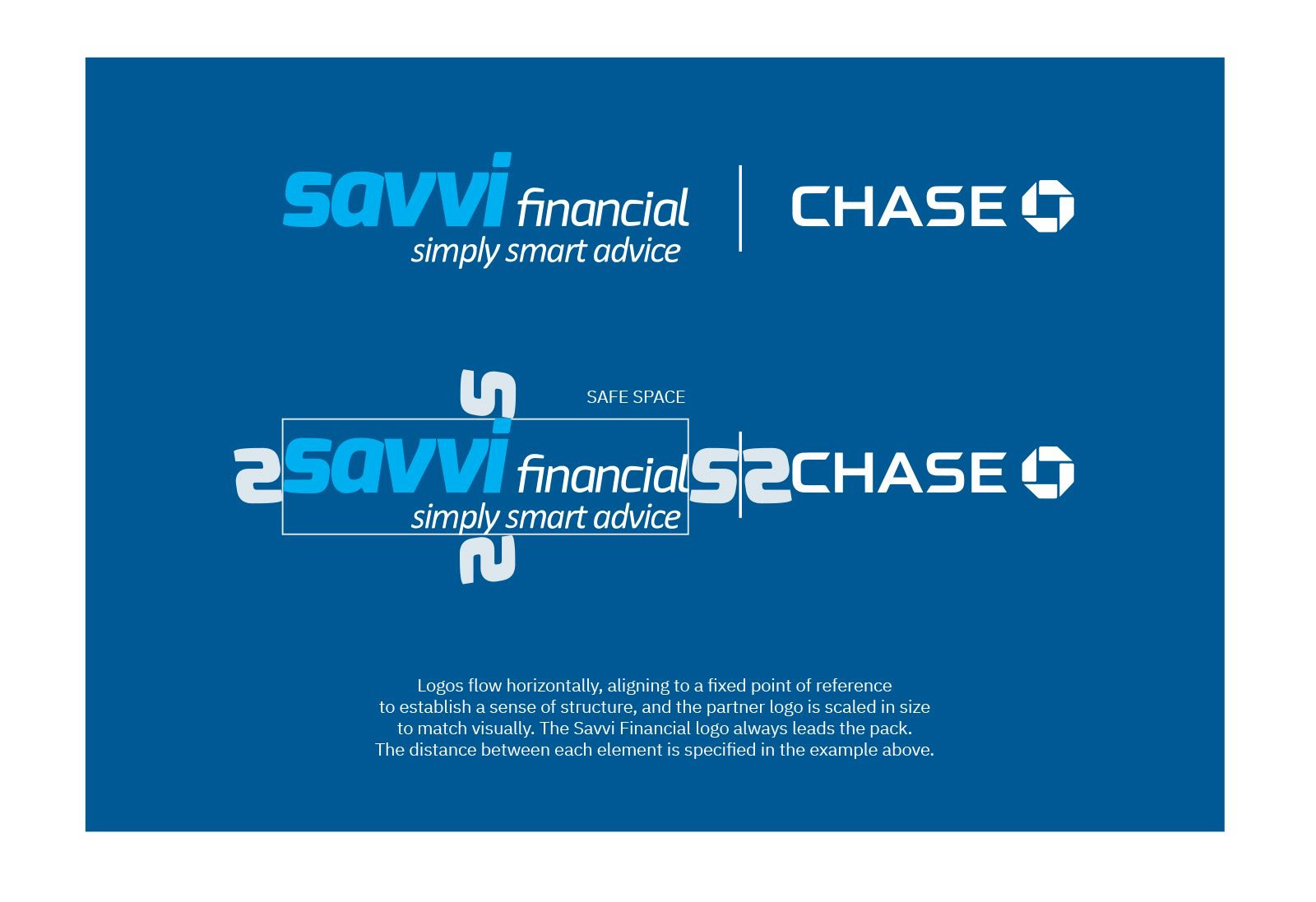 Savvi Financial locked up with the Chase logo on dark blue, shown above a construction diagram using the letter s as the measuring unit for safe space, with a note explaining that logos align to a fixed reference point and Savvi always leads.