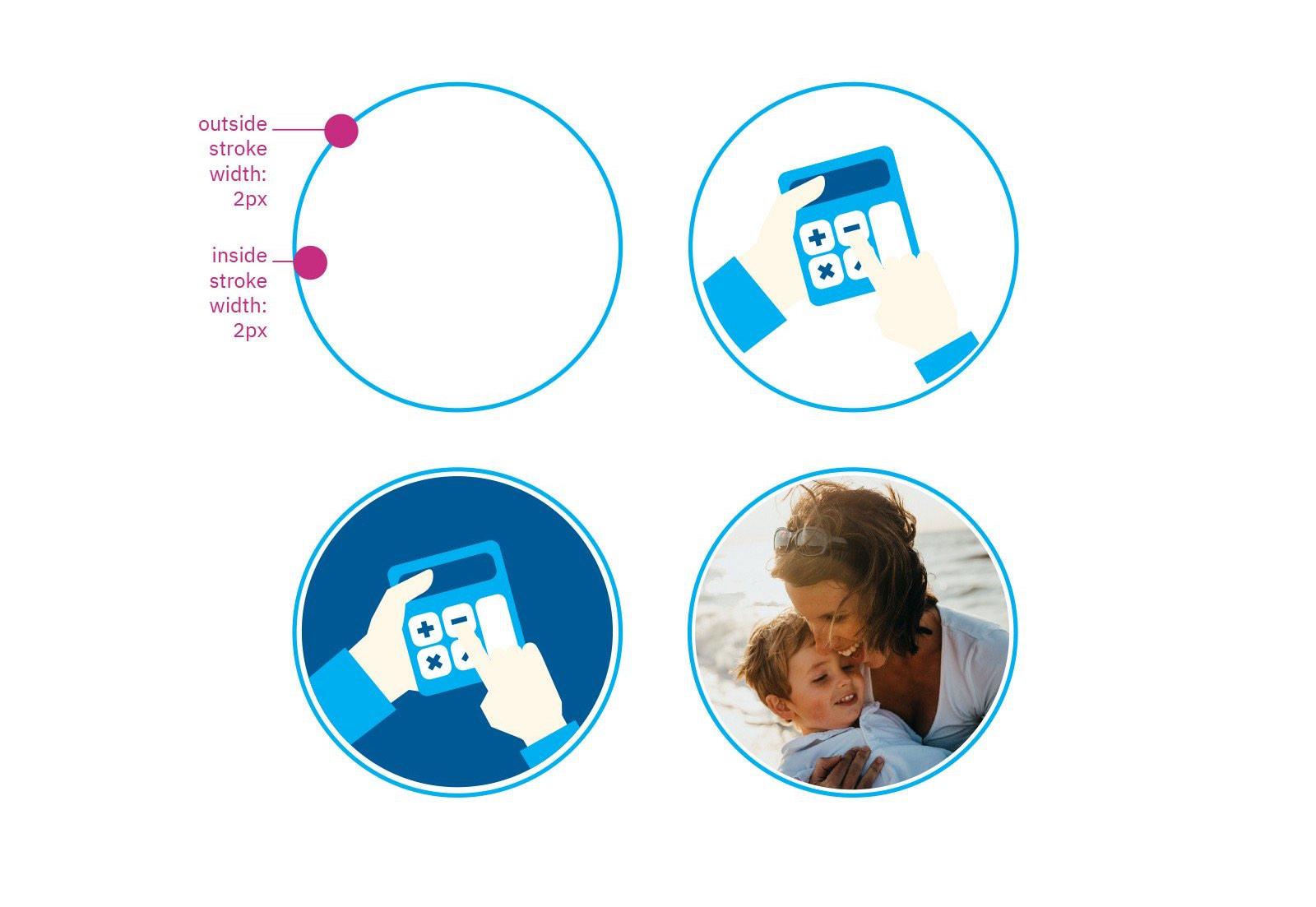 The Savvi icon construction rules, showing a circle with 2px inside and outside stroke widths annotated in magenta, then the same icon as a line drawing, as a filled dark blue version, and as a photographic crop.