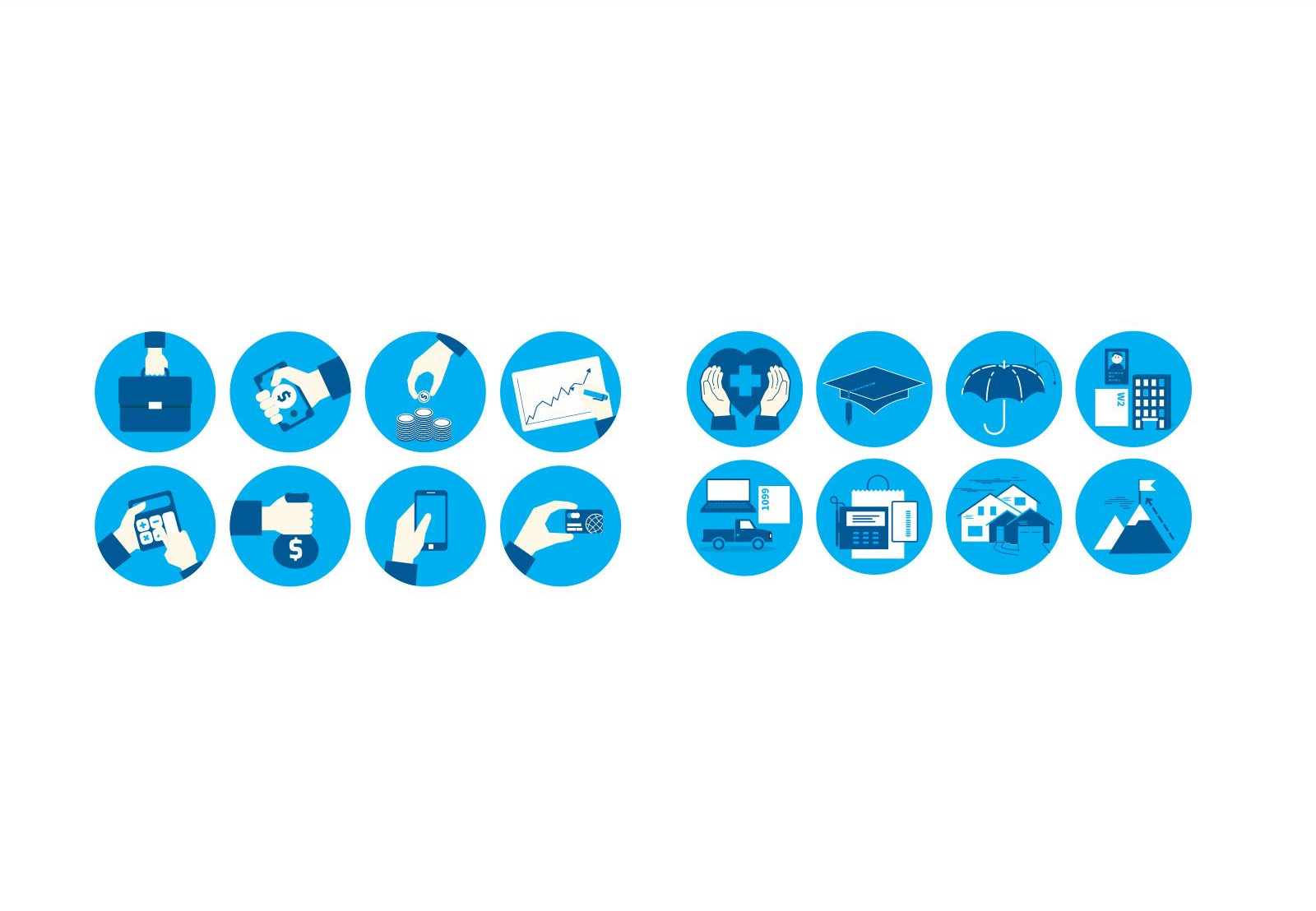 Sixteen Savvi icons in blue circles, covering a briefcase, cash, saving coins, a rising chart, a calculator, a money bag, a phone, a card, healthcare, education, insurance, tax forms, delivery, billing, property and goals.