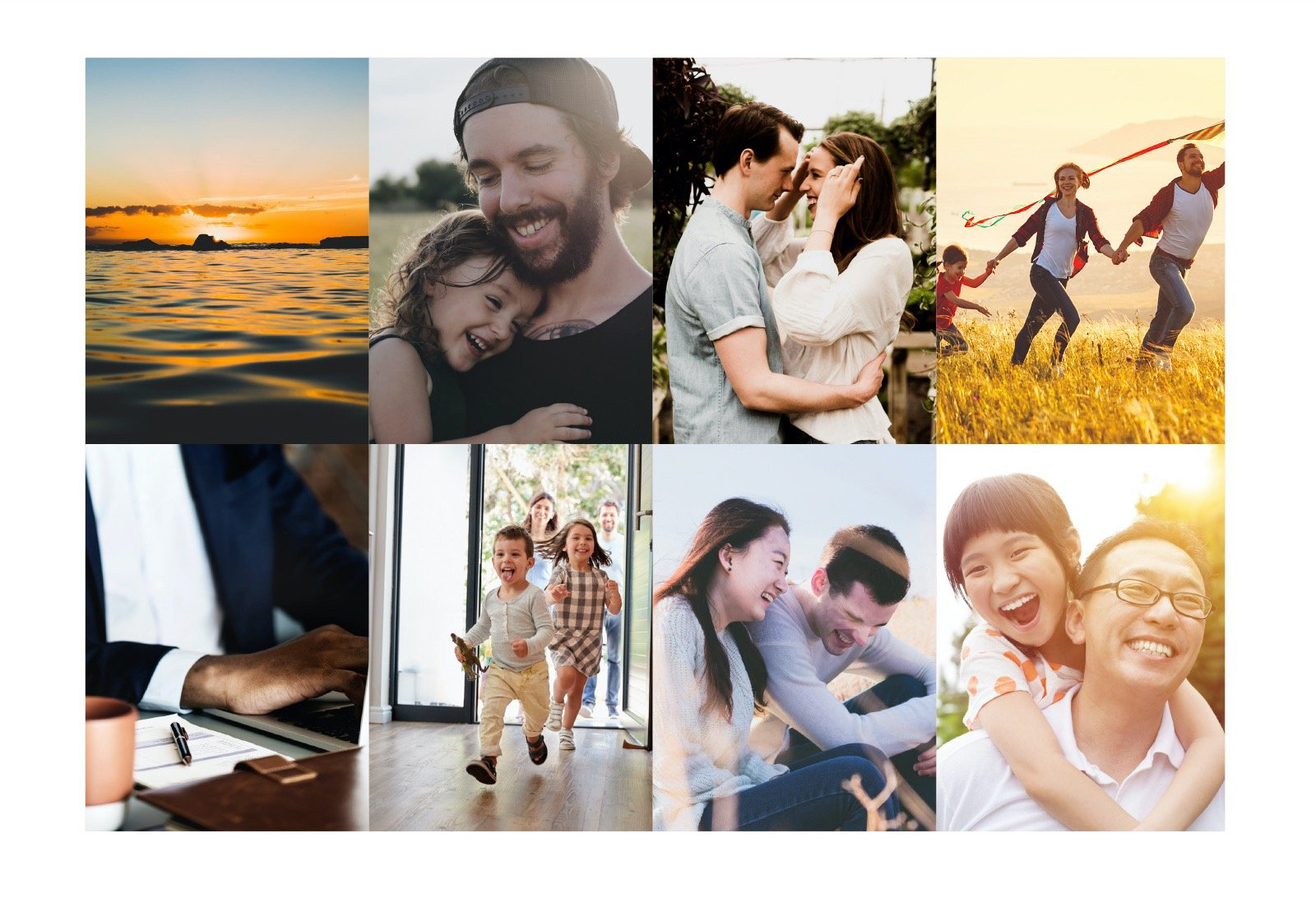 Eight photographs setting the Savvi imagery direction: a sunset over water, a father and daughter laughing, couples, a family running through a doorway, hands at a laptop, and parents with children in warm evening light.