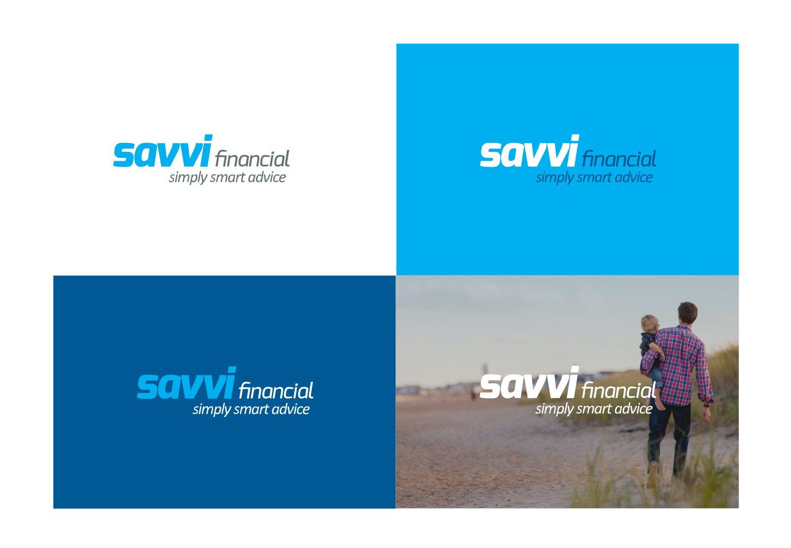 The Savvi Financial logotype shown four ways: dark on white, white on light blue, light blue and white on dark blue, and white over a beach photograph.