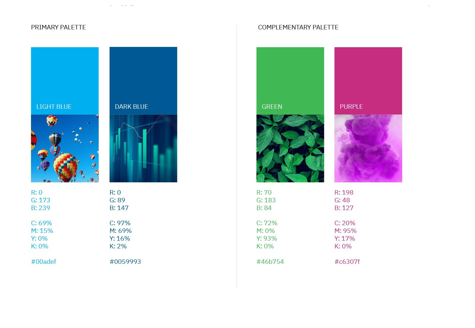 The Savvi colour palette: light blue 00adef and dark blue 0059993 as the primary pair, green 46b754 and magenta c6307f as complementary, each with RGB and CMYK values and a supporting photograph.
