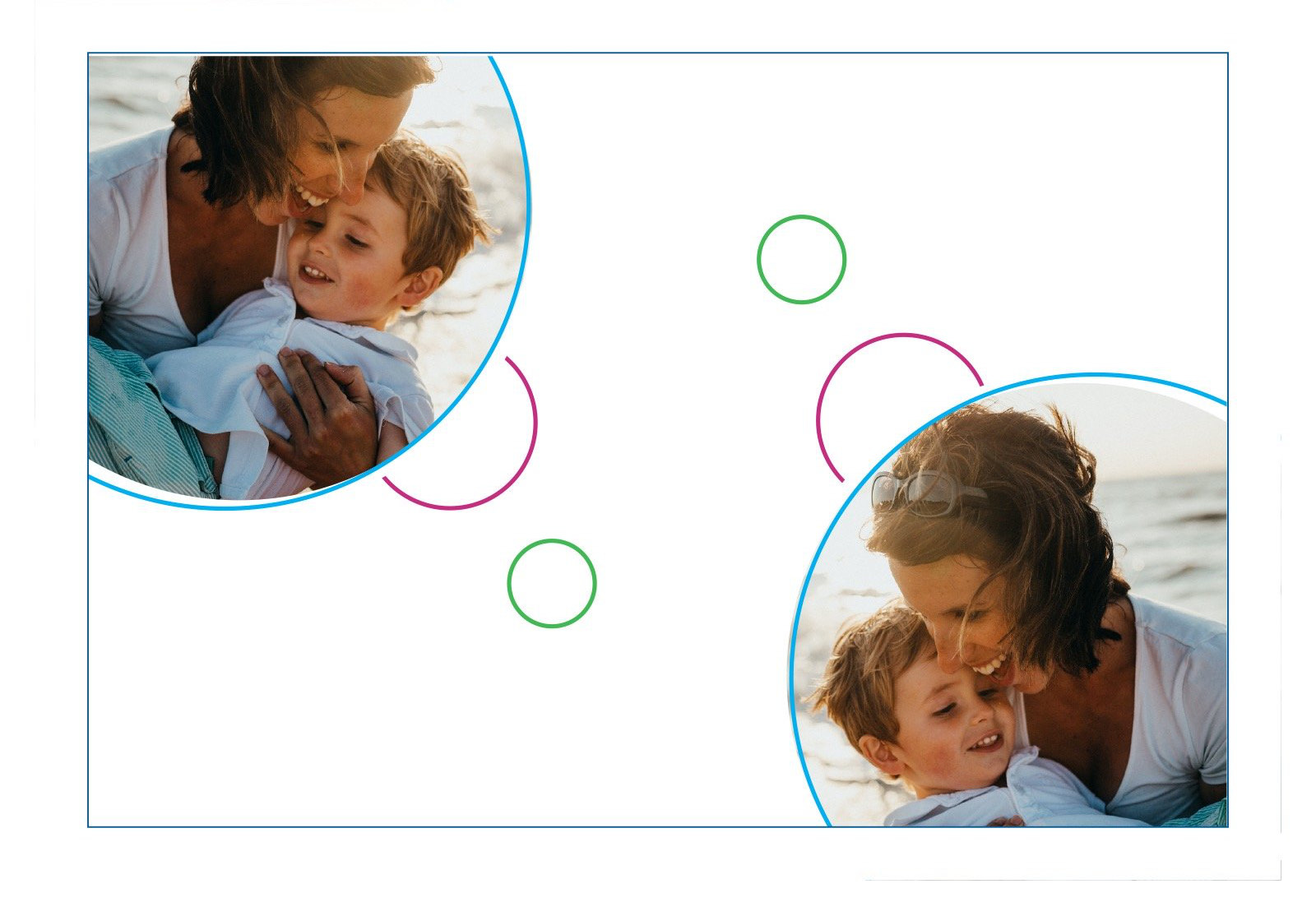 A Savvi layout example using the brand geometry: photographs cropped into large circles anchored to opposite corners, with smaller open circles in green and magenta floating between them.