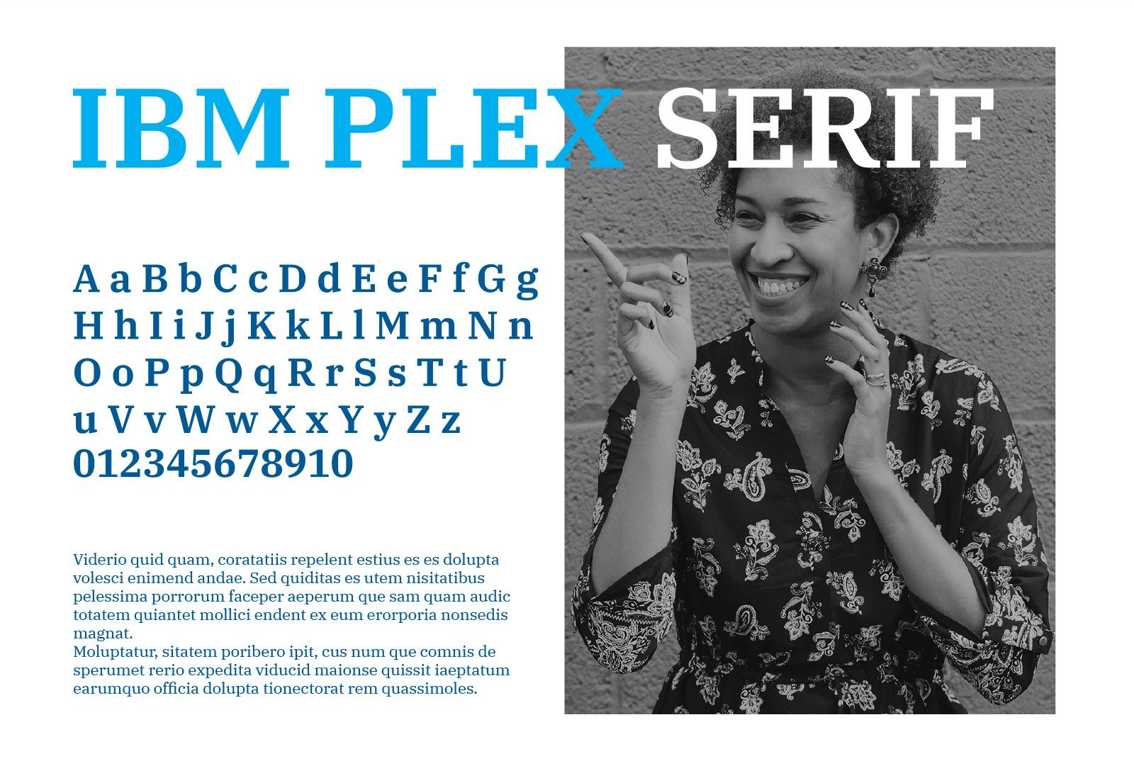 The IBM Plex Serif specimen for Savvi, showing the full upper and lowercase alphabet, numerals and a paragraph of body copy, beside a black and white photograph of a woman laughing.