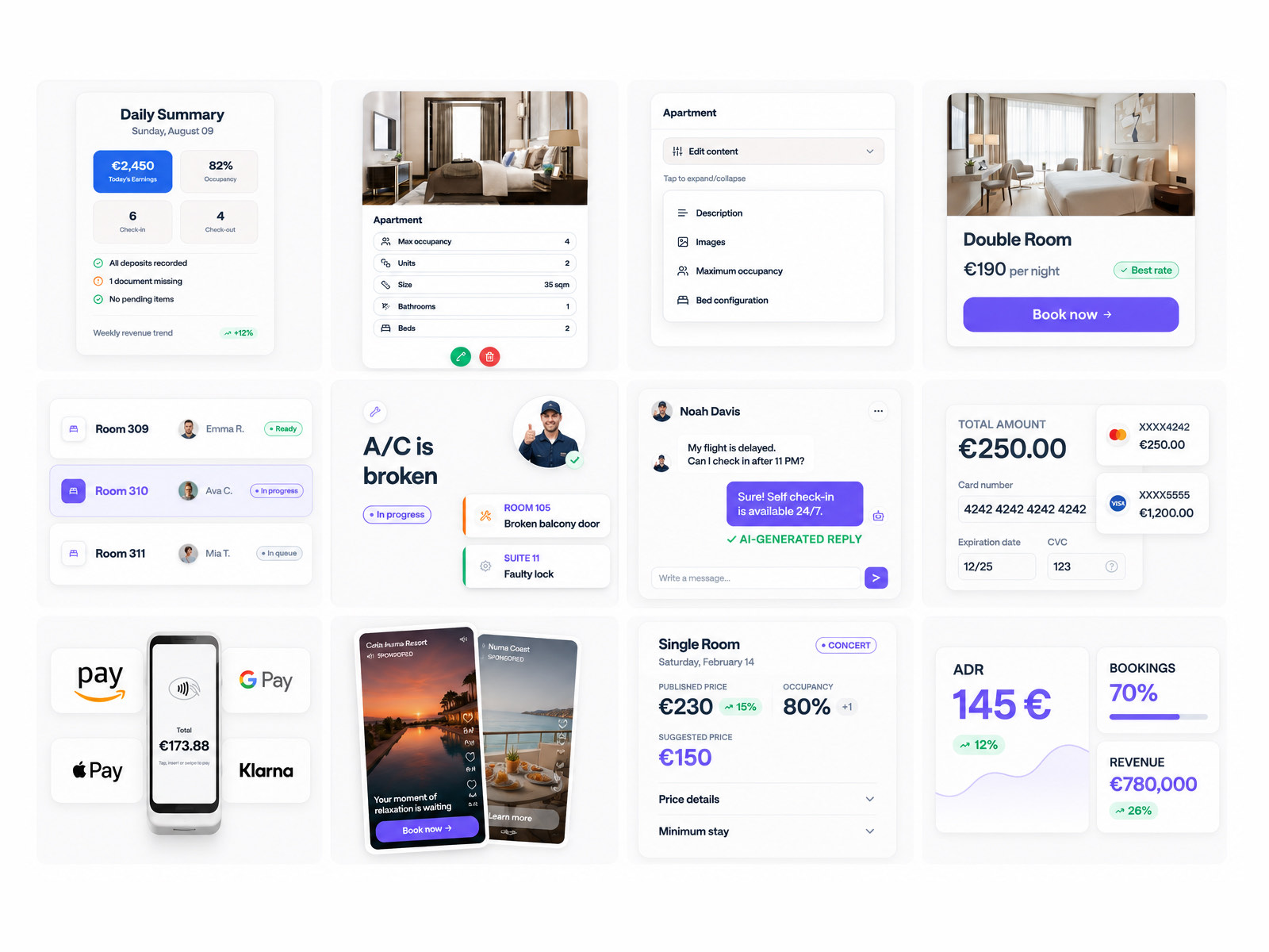 A grid of twelve interface patterns from the Smartness design system, including a daily summary card, room inventory rows, a housekeeping task list, a guest messaging thread, payment method tiles and a revenue analytics panel.
