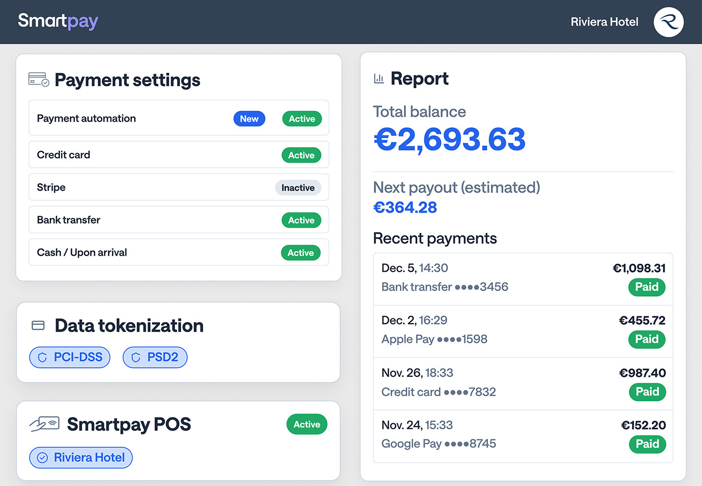 The SmartPay dashboard, showing payment method settings, data tokenisation badges, a total balance of 2,693.63 euros and a list of recent payments.