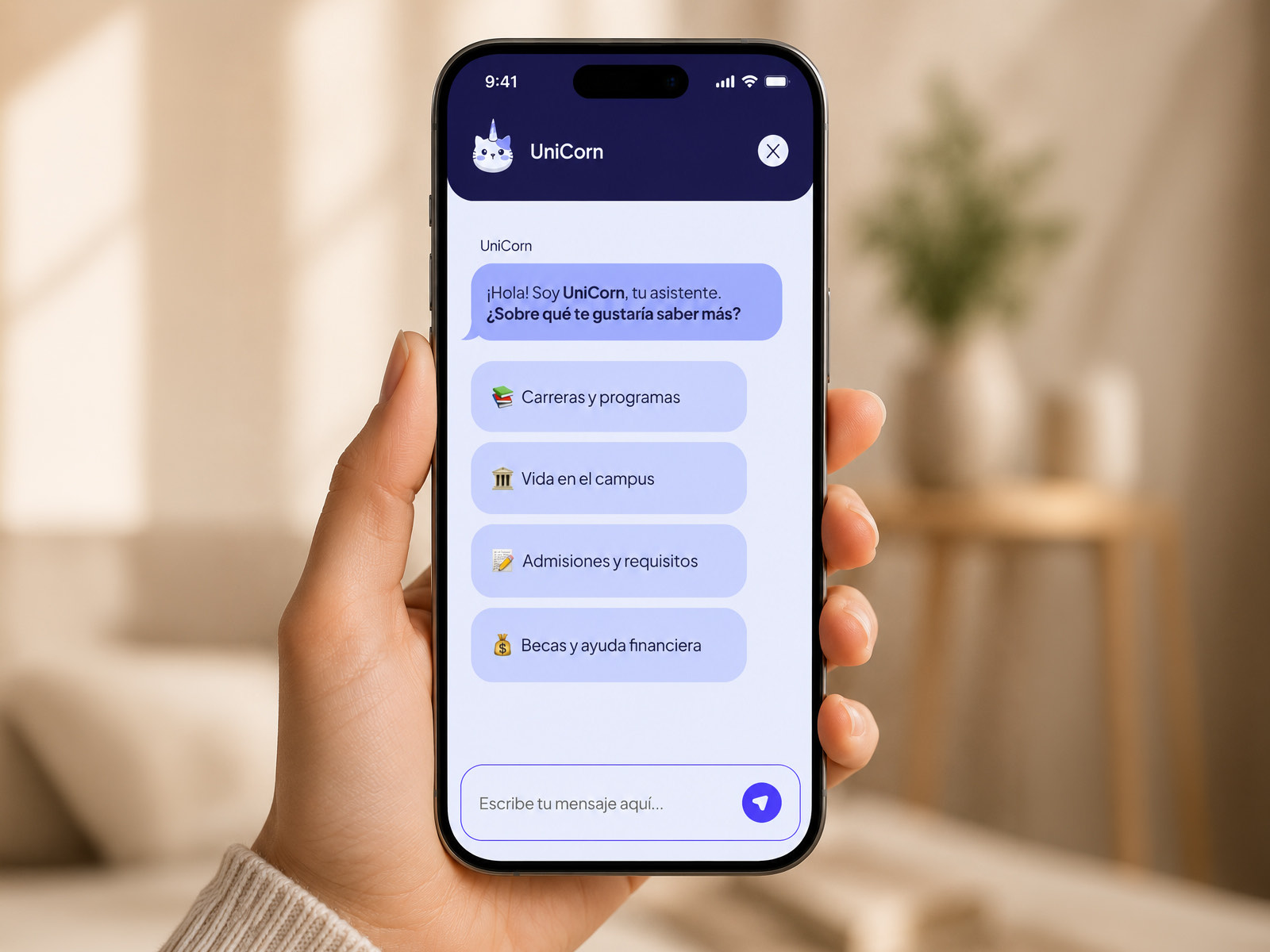 UniCorn open on a phone held in one hand, showing the assistant's greeting in Spanish and four tappable topics: careers and programmes, campus life, admissions and requirements, and scholarships and financial aid.