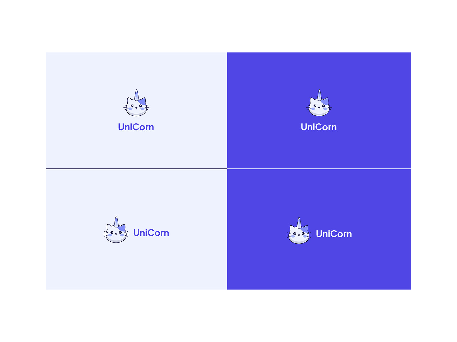 The UniCorn logo in four lockups, stacked and horizontal, each shown on a pale lilac background and on the indigo primary.